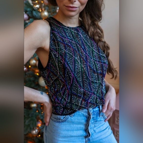 The endless sequins colourful studio 54 vintage top Size L - Picture 3 of 9